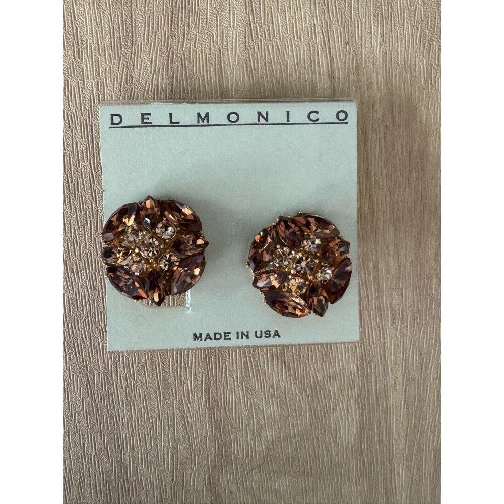 Vintage Delmonico Clip-On Earrings With Amber Rhinestones & Gold-Tone Metal - Picture 1 of 8